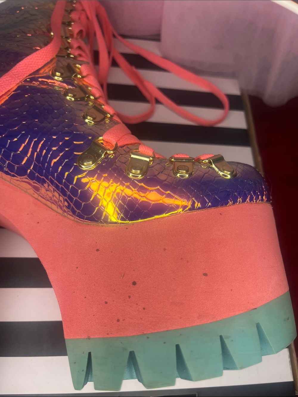 Iridescent Purple Platform Lace-Up Boots with Coral Laces - Picture 2 of 12